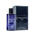 Maison Alhambra Salvo Elixir — Botol minyak wangi kaca biru bertutup emas dan kotak biru gelap, menampilkan logo Salvo Elixir dan lambang rusa.