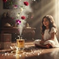 Maison Alhambra Toro Pour Homme Glace — A young girl in a white dress sits cross-legged on a wooden floor, smiling as flowers and mist erupt from a broken glass perfume bottle.