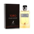 Maison Alhambra Toro Pour Homme — Black box with red text and deer logo next to a clear glass perfume bottle with yellow liquid and silver cap, white background.