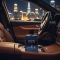 Maison Alhambra Maitre De Blue by Maison Alhambra 100ml for Men — Botol minyak wangi kaca biru bertutup hitam dengan logo rusa diletakkan di konsol tengah kereta mewah pada waktu malam, dengan latar belakang langit bandar yang kabur.