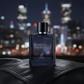 Maison Alhambra Maitre De Blue by Maison Alhambra 100ml for Men — Botol minyak wangi kaca biru gelap bertudung hitam, diletakkan di atas permukaan kulit hitam dengan latar belakang bokeh lampu bandar.