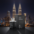 Maison Alhambra Man Black Edition — Black perfume bottle and box displayed in front of a nighttime cityscape with illuminated skyscrapers.