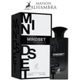 Maison Alhambra Mindset by Maison Alhambra – 100 ml For Man, featuring a black and white textured box with bold black lettering and a sleek black perfume bottle with a black cap.