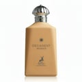 Maison Alhambra Decadent Wonder Her EDP 100 ml Alhambra — A tan-colored perfume bottle with a silver ornate cap, featuring a sun logo and a deer silhouette.