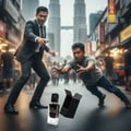 Maison Alhambra Black Wood 60ml by Maison Alhambra EDP for Men — Two men in a street scene, one in a suit lunging forward, the other on the ground reaching out, with a bottle of Black Wood perfume and its box in the foreground.