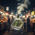 Maison Alhambra Luxe Bold by Maison Alhambra – 100 ml Unisex, a clear glass perfume bottle with green liquid, exploding into shards and smoke, set against a blurred night market background.