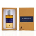 Maison Alhambra The Memory Of Oud EDP 100ml — Perfume bottle in a gold-lined box next to its matching orange textured box.