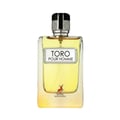Maison Alhambra Toro Pour Homme — Clear glass bottle with yellow liquid, white label with black text 'TORO POUR HOMME', and a small red deer graphic at the bottom.
