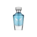 Maison Alhambra Victorioso Legend oleh Maison Alhambra 100 ml untuk Lelaki — Botol minyak wangi kaca jernih berisi cecair biru, menampilkan lambang bersayap perak dan grafik rusa, di atasnya penutup perak bertekstur.