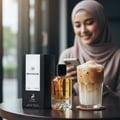 Maison Alhambra Montaigne Coco EDP — Kotak hitam dan botol minyak wangi kaca jernih dengan aksen emas diletakkan di atas meja bersebelahan minuman kopi ais tinggi, dengan wanita bertudung tersenyum melihat telefon di latar belakang kabur.
