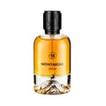Maison Alhambra Montaigne Coco — Cecair keemasan dalam botol kaca jernih dengan penutup hitam geometrik dan siluet rusa di tapak.