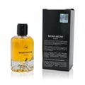 Maison Alhambra Montaigne Coco Maison Alhambra 100ml EDP — Botol kaca berisi cecair keemasan, penutup hitam, dan kotak berserta butiran produk dan pelekat hologram