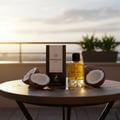 Maison Alhambra Montaigne Coco Maison Alhambra 100ml EDP — Botol dan kotak bersama kelapa di atas meja kayu, dengan latar belakang matahari terbenam.