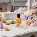 Maison Alhambra Montaigne Coco Maison Alhambra 100ml EDP — Botol minyak wangi kaca jernih berisi cecair oren, penutup hitam, dan label emas bergambar rusa, terletak di atas permukaan marmar dikelilingi rantai mutiara serta bunga peoni merah jambu dan putih.
