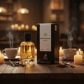 Maison Alhambra Montaigne Vanille by Maison Alhambra 100ml — A golden perfume bottle and its black box sit on a wooden table with lit candles, coffee cups, and vanilla beans.