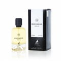 Maison Alhambra Montaigne Vanille — Perfume bottle with black cap and clear glass showing yellow liquid, next to its black and white textured box with deer logo.