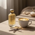 Maison Alhambra Musk Vanille by Maison Alhambra 100ml EDP — Frosted glass perfume bottle with gold accents, next to a latte with latte art and vanilla pods on a textured surface.