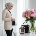 Maison Alhambra My Party Maison Alhambra 100ml EDP Woman — Pink perfume bottle with black bow, black handbag, and pink floral bouquet in a glass vase on a marble surface.