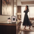 Maison Alhambra My Party Maison Alhambra 100ml EDP Woman — A pink perfume bottle with a black ribbon bow sits next to its pink and black patterned box on a dark wooden dresser, with a blurred woman in a black dress in the background.