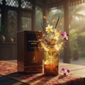 Maison Alhambra Mysterious Amber Eau de Parfum — A brown box and a glass perfume bottle with amber liquid, surrounded by floating amber pieces, vanilla pods, a yellow flower, and purple orchids, with a splash effect.