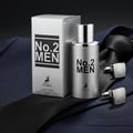 Maison Alhambra No.2 Men by Maison Alhambra 80ml EDP — Silver bottle and box with 'No.2 MEN' text, placed on a dark blue suit jacket with a black tie and silver cufflinks.