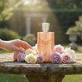 Maison Alhambra Olivia by Maison Alhambra 80ml EDP — A rose gold perfume bottle with a textured cap sits on a stone table surrounded by pink and cream roses, with a hand reaching towards the flowers.