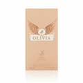 Maison Alhambra Olivia by Maison Alhambra 80ml EDP — Front view of a peach-colored perfume box with gold winged emblem and deer silhouette.