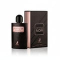 Maison Alhambra Opera Noir by Maison Alhambra 100ml EDP — Black glittery perfume bottle with a pink label and a black cap, next to its matching black and pink box, on a white reflective surface.