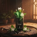 Maison Alhambra Opulence Leather by Maison Alhambra – 100 ml Man, a black bottle with a broken glass effect, featuring white jasmine flowers and green leaves emerging from it, placed on a patterned fabric.