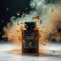 Maison Alhambra Opulence Leather – A dark glass perfume bottle exploding with amber shards and wisps of smoke against a dark background.