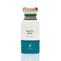 Maison Alhambra Pacific Blue — Botol minyak wangi putih dan teal dengan penutup emas, tertulis 'PACIFIC BLUE' dan 'EAU DE PARFUM', serta logo rusa.