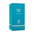 Maison Alhambra Pacific Blue by Maison Alhambra 80ml Man — Kotak biru dengan logo rusa emas dan tulisan 'PACIFIC BLUE EAU DE PARFUM MAISON ALHAMBRA VAPORISATEUR - NATURAL SPRAY 80ml.e 2.7 FL.OZ'