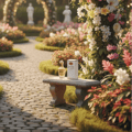 Maison Alhambra Paris Garden Maison Alhambra 100ml EDP Woman — Perfume bottle and box on a stone bench in a lush garden with floral arches and statues.