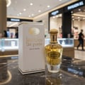 Maison Alhambra Paris Garden 100ml EDP Woman — A white box with gold trim and the 'Jardin de Paris' logo sits next to a clear glass perfume bottle with gold accents and a gold cap, both displaying the 'Jardin de Paris' label. The products are on a dark marble surface with a blurred shopping mall background.