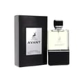 Maison Alhambra Avant — Black textured box with silver label and deer logo next to a clear glass perfume bottle with black cap and base, showing deer logo and 'Avant' text.