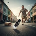 Maison Alhambra Black Wood 60ml by Maison Alhambra EDP for Men — Man running in street, perfume bottle on road, paper bag with items spilled