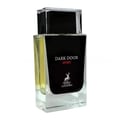 Maison Alhambra Dark Door Sport Men 100ml EDP — A clear glass perfume bottle with yellow liquid, a black label featuring 'DARK DOOR SPORT' and a deer logo, and a clear cap.