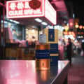 Maison Alhambra The Memory Of Oud EDP 100ml — Amber glass perfume bottle with textured silver cap and blue label, next to its gold and navy box, on a metallic surface, with a blurred neon-lit street market background.