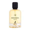 Maison Alhambra Montaigne Vanille — Clear glass perfume bottle with a black textured cap, golden liquid, and a mountain landscape design at the base.