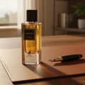 Maison Alhambra The Tux by Maison Alhambra 90ml EDP for Men — A clear glass perfume bottle with golden liquid, black cap, and a black label with gold text, sits on a brown leather desk mat next to a black fountain pen.