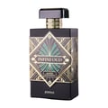 Maison Alhambra Infini Oud Joyous – Black perfume bottle with gold and green art deco design, gold cap, white background.
