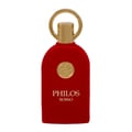 Maison Alhambra Philos Rosso — Red velvet perfume bottle with gold accents and a circular emblem on the front.