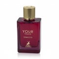 Maison Alhambra Tobacco Your Touch — Rectangular glass perfume bottle in deep red, with a gold ribbed cap. Features gold text 'YOUR TOUCH TOBACCO' and a deer logo.