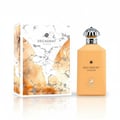 Maison Alhambra Decadent Wonder Her EDP 100 ml Alhambra — A peach-colored perfume bottle with a silver ornate cap stands next to its matching marble and watercolor patterned box.