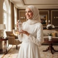 Maison Alhambra Delilah Blanc by Maison Alhambra 100ml EDP — Woman in a white hijab and dress holding a white perfume bottle with a silver cap, smiling in a luxurious room.