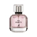 Maison Alhambra My Party — A clear glass perfume bottle with pink liquid, featuring a faceted design and a silver cap with a black band. The label shows 'MY PARTY' with a deer silhouette and 'MAISON ALHAMBRA' below.