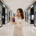 Maison Alhambra Philos Centro Maison Alhambra 100ml EDP — Woman holding a purple perfume bottle with a gold cap in a shopping mall aisle.
