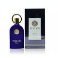 Maison Alhambra Philos Pura by Maison Alhambra 100ml EDP Man — Blue velvet bottle with gold accents and a matching navy blue box, displayed side-by-side on a white background.