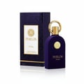 Maison Alhambra Philos Pura by Maison Alhambra 100ml EDP Man — Dark purple velvet perfume bottle with gold accents and matching box, set against a white background.