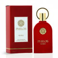Maison Alhambra Philos Rosso 100ml EDP — Red velvet-textured perfume bottle with gold accents and a matching red box, presented on a white background.